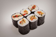 Grilled vegetables maki marinated in teriyaki sauce with sesame oil